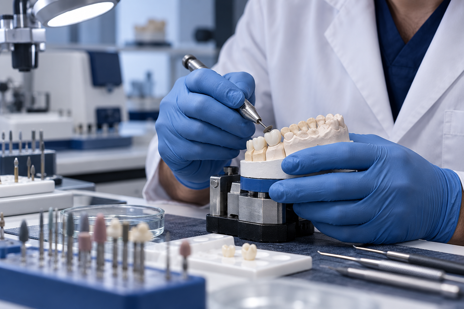 Imagem ilustrativa de técnico executando o acabamento de uma prótese dental